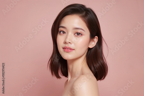 A woman with short brown hair and a pink background photo