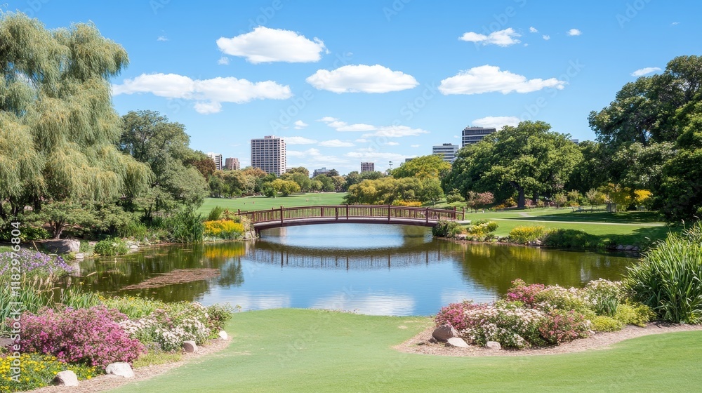 Fototapeta premium Serene Park Landscape with Bridge and City Skyline