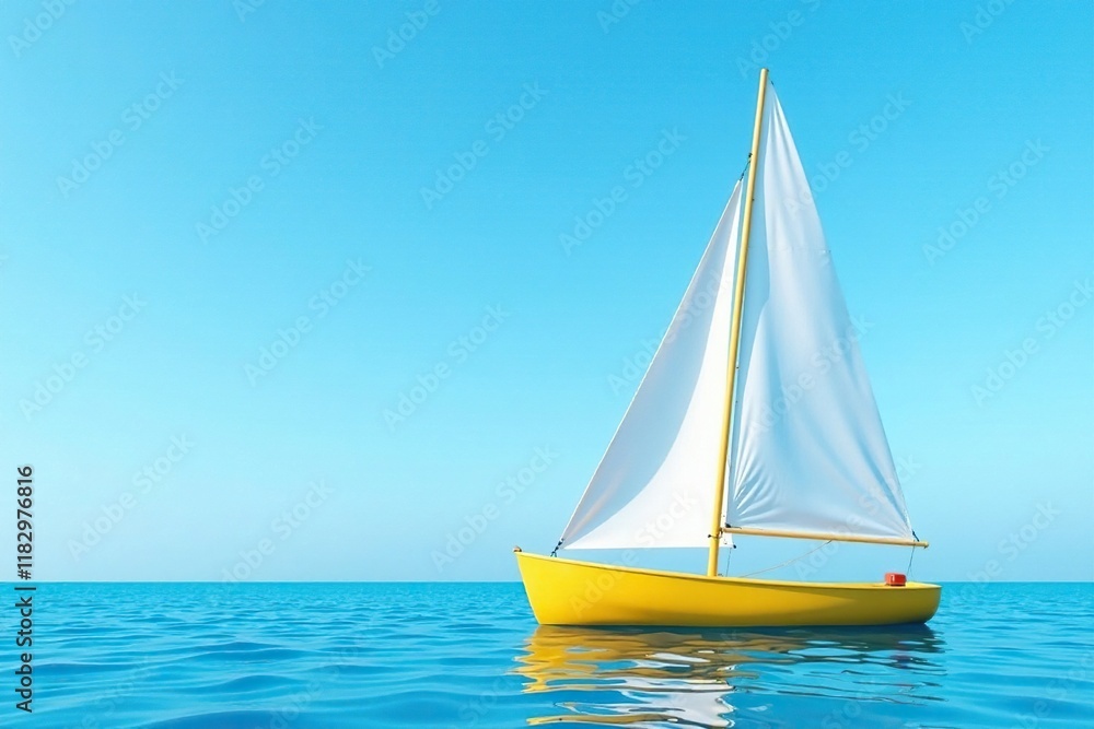 Fototapeta premium Yellow boat with white sails against a clear blue sky, sail, boats