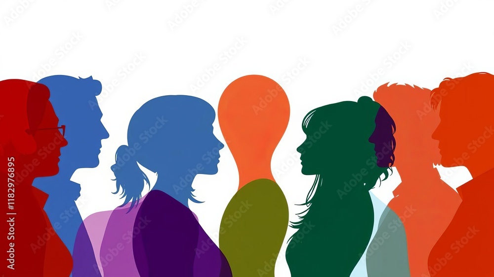 Vibrant silhouette profiles of diverse crowd engaged in animated dialogue, highlighted in multiple exposures for striking visual comparison, conversation, team, interaction Vibrant silhouette profiles of diverse crowd engaged in animated dialogue, highlighted in multiple exposures for striking visual comparison, conversation, team, interaction