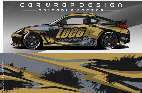 Illustration vector grahic of Car wrap decal with abstract design. Black gold colour. Livery car editable. Mockup template sticker vinyl for racing, rally, or daily use.