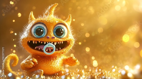 Playful baby monster with a pacifieron golden background