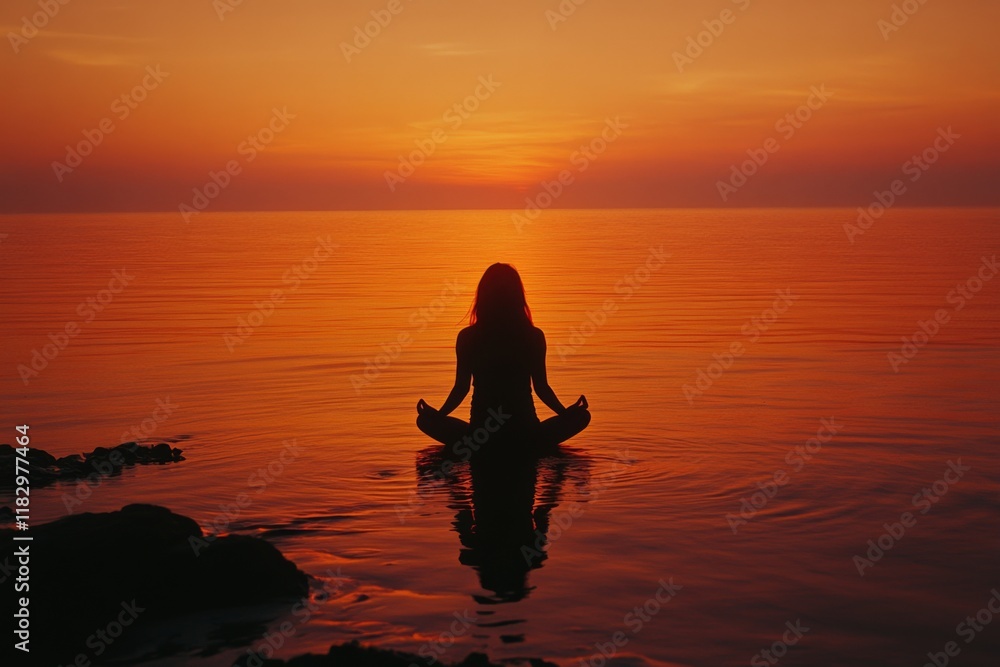 Silhouette of a woman meditating by the sea during a serene sunset