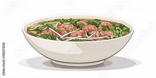 2D Cartoon Pho Vietnamese Soup with Noodles and Beef, Logo Icon on White Background