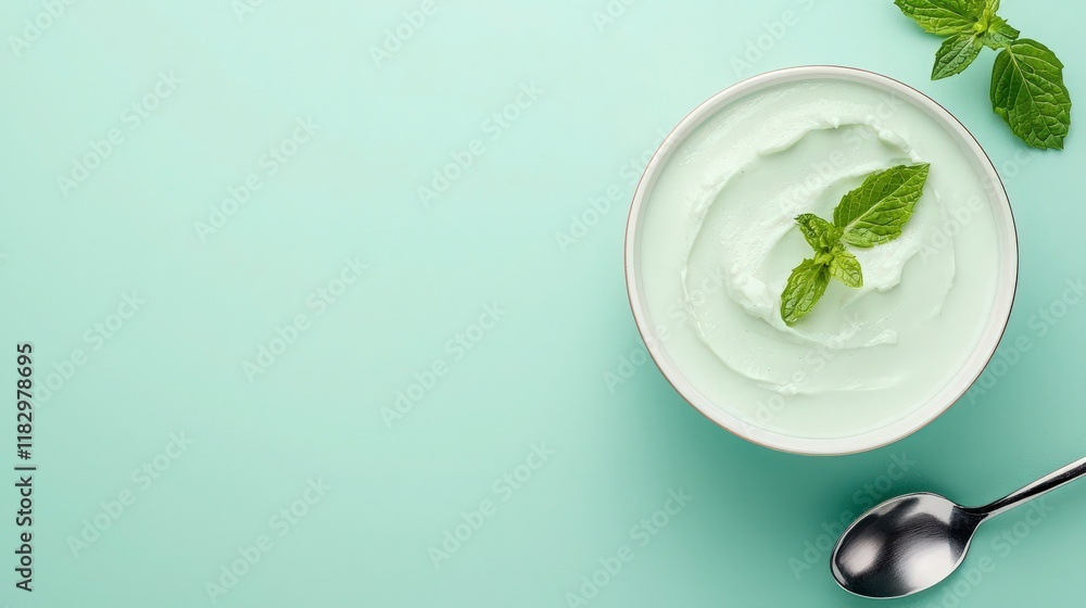 Mint Yogurt in Bowl with Spoon on Aqua Background Mint Yogurt in Bowl with Spoon on Aqua Background