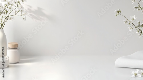 Wallpaper Mural Minimalist White Aesthetic Mockup with Flowers and Products. Torontodigital.ca