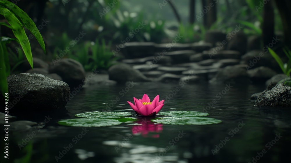 Serene Pink Water Lily in Tranquil Jungle Pond