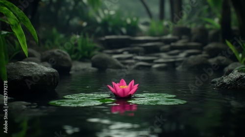 Obraz na płótnie Serene Pink Water Lily in Tranquil Jungle Pond w salonie