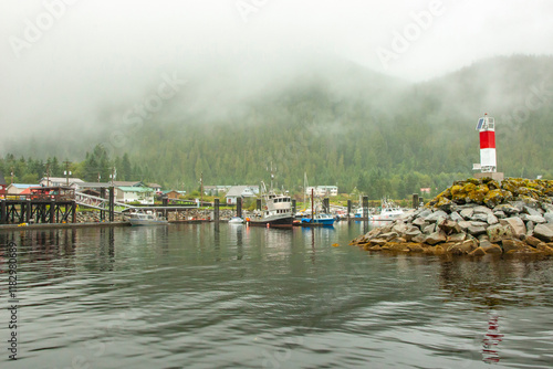 Canada, British Columbia, Inside Passage. Foggy marina at Hartley Bay.