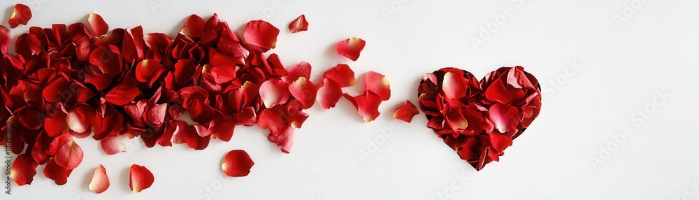 Red rose petals arranged to form a heart shape on a white background. Red rose petals arranged to form a heart shape on a white background.
