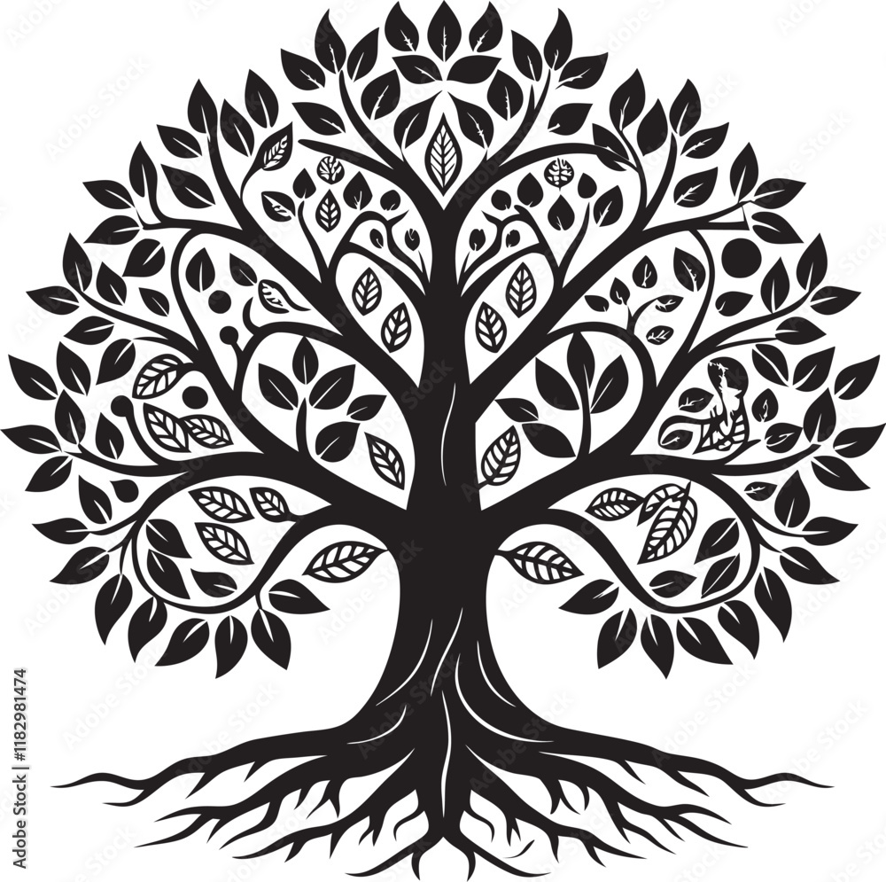 Obraz premium Elegant Tree of Life Silhouette with Intricate Branches and Leaves