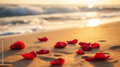 Red rose petals scattered on tranquil beach sand with gentle waves in the background. photo