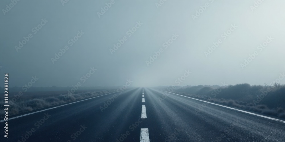 Fototapeta premium A long, straight highway disappears into a dense fog on a cold morning