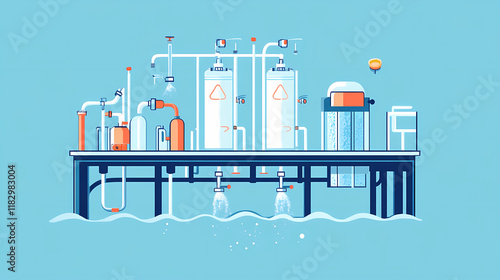 Purification process of reverse osmosis unit filtering water. Riversong. Illustration photo