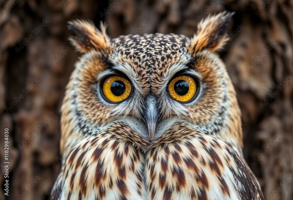 Fototapeta premium Close-up portrait of a tawny owl with piercing yellow eyes and a textured bark background