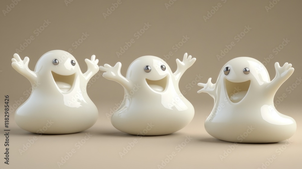 Cheerful and Playful Cartoon Characters in White, Expressive Smiling Figures with Joyful Faces and Outstretched Arms against a Soft Background Cheerful and Playful Cartoon Characters in White, Expressive Smiling Figures with Joyful Faces and Outstretched Arms against a Soft Background