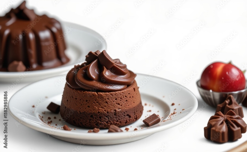 A decadent chocolate mousse cake with a drizzle of rich chocolate ganache and a chocolate bar garnish, resting on a pristine white plate. A decadent chocolate mousse cake with a drizzle of rich chocolate ganache and a chocolate bar garnish, resting on a pristine white plate.