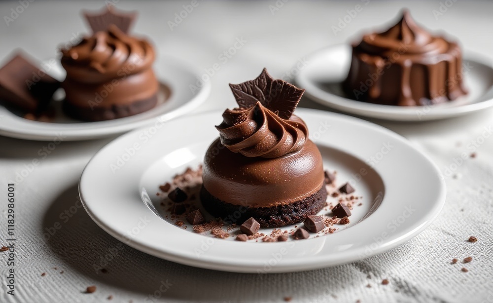 A decadent chocolate mousse cake with a drizzle of rich chocolate ganache and a chocolate bar garnish, resting on a pristine white plate. A decadent chocolate mousse cake with a drizzle of rich chocolate ganache and a chocolate bar garnish, resting on a pristine white plate.
