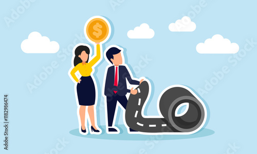 A businesswoman carries a dollar coin while a businessman tries to roll up the road, illustration of securing business assets