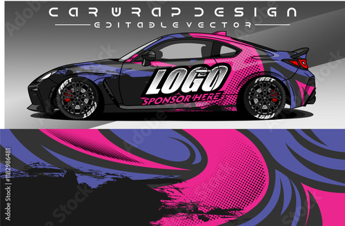 Illustration vector grahic of Car wrap decal with abstract design.Black pink purple colour. Livery car editable. Mockup template sticker vinyl for racing, rally, or daily use.