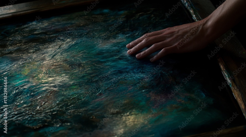 Fototapeta premium Close-Up of a Hand Touching an Abstract Artwork with Colorful Textures and Fluid Patterns in a Dimly Lit Environment