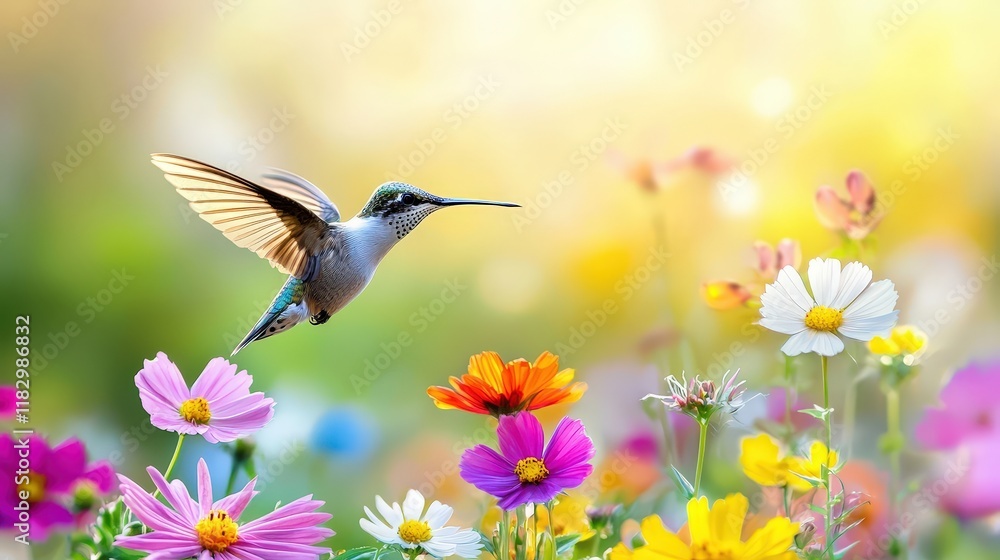 Naklejka premium Hummingbird hovering near colorful flowers, symbolizing biodiversity