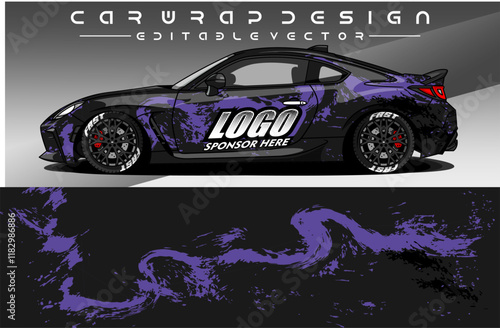 Illustration vector grahic of Car wrap decal with abstract design.Black pink purple colour. Livery car editable. Mockup template sticker vinyl for racing, rally, or daily use.