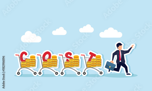 A businessman runs chased by several shopping carts filled with dollar coins and the word COST, illustration of being pursued by responsibilities to settle expenses