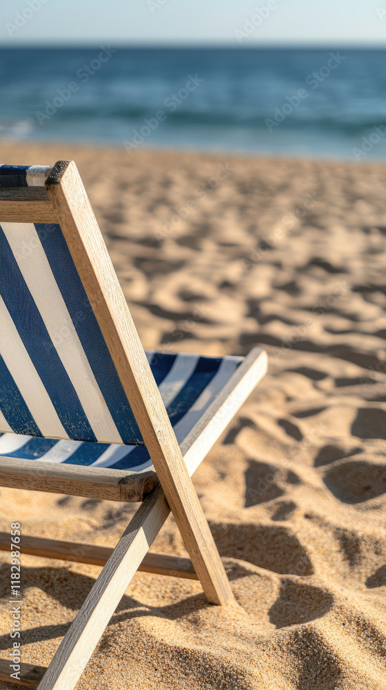 Relaxing beach chair on sandy shore with ocean view Relaxing beach chair on sandy shore with ocean view