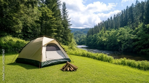 Serene River Camping Tent, Firewood, Forest Vista