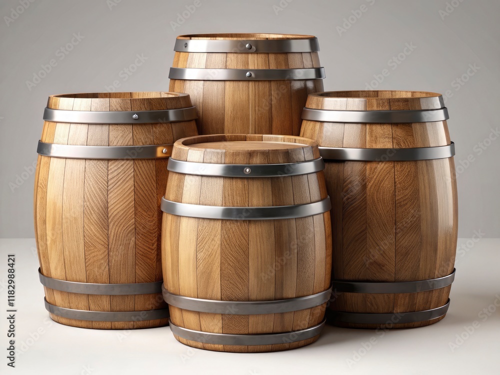 High-resolution 3D renders of isolated wooden barrels.
