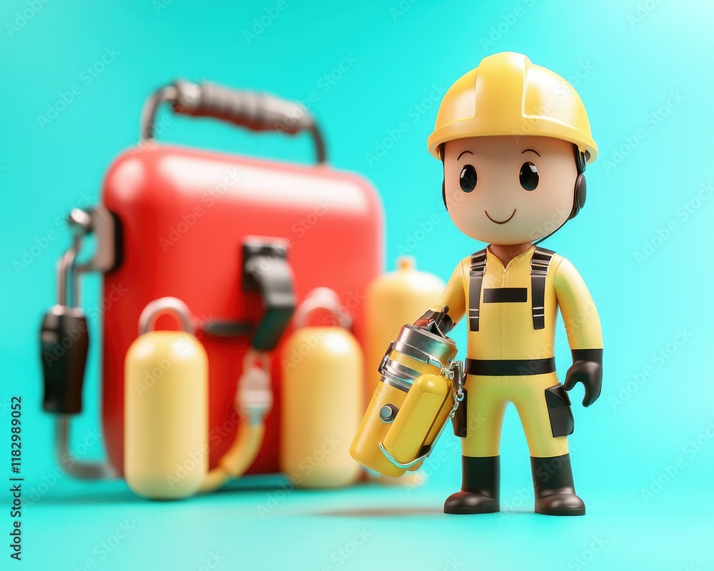 A cheerful toy firefighter holds a yellow extinguisher, standing next to a red emergency kit on a vibrant blue background. A cheerful toy firefighter holds a yellow extinguisher, standing next to a red emergency kit on a vibrant blue background.