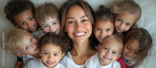 Loving Multiracial Family Embracing and Smiling Together with Joy and Affection  A diverse group of children and their mother showing happiness togetherness and strong family bonds