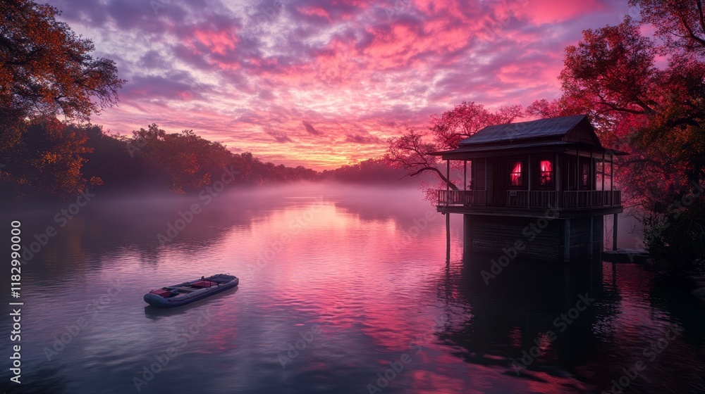 Fototapeta premium Serene River House Sunset Landscape with Inflatable Boat