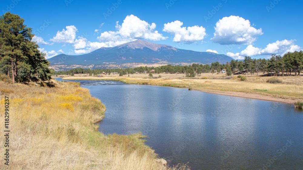 Fototapeta premium Serene River Landscape with Majestic Mountain View Under Blue Sky