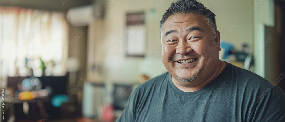 An overweight man wearing T-shirt, smiling in her living room, generative AI An overweight man wearing T-shirt, smiling in her living room, generative AI