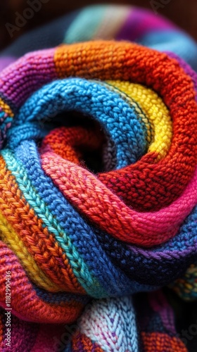 Closeup of a tightly coiled vibrant and colorful knitted yarn spiral or loop texture  Handmade organic woolen material with a soft warm and abstract background pattern design