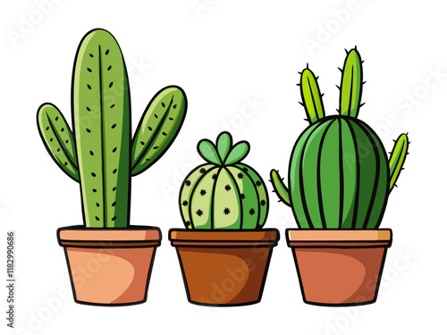 Three Potted Cacti Illustration Desert Plants, Succulents, Home Decor