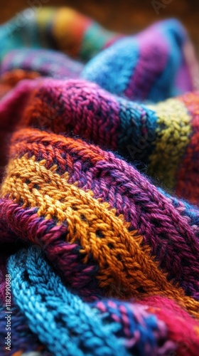 Vibrant Multicolored Texture of Handcrafted Knitted Woolen Fabric with Intricate Patterns and Soft Cozy Aesthetic  Textile Design Background Showcasing the Beauty of Fiber Arts and Craftsmanship