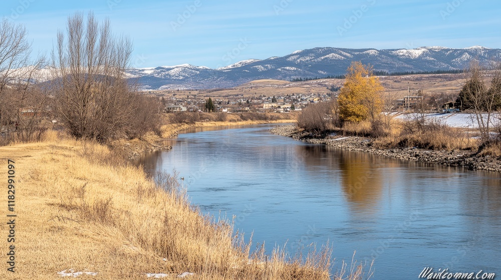 Serene River Valley Landscape with Autumn Colors and Mountains