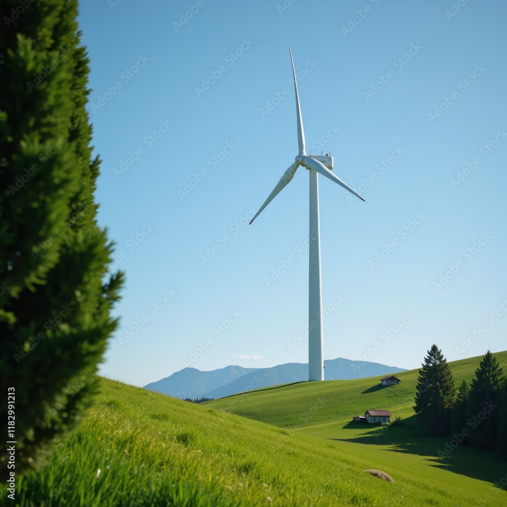 Obraz premium A wind turbine stands amidst a verdant landscape encircled by green trees signifying an environmentally conscious design
