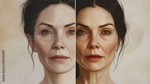 Before-and-after facelift infographic, demonstrating tightened skin, reduced fine lines, and overall rejuvenation, with visuals to show the anti-aging effects. Riversong. Illustration photo