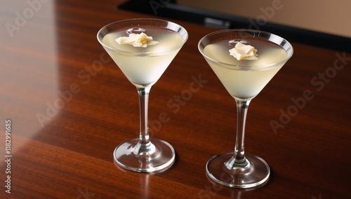 Cocktail glasses display martinis topped with Parmesan cheese on a bar