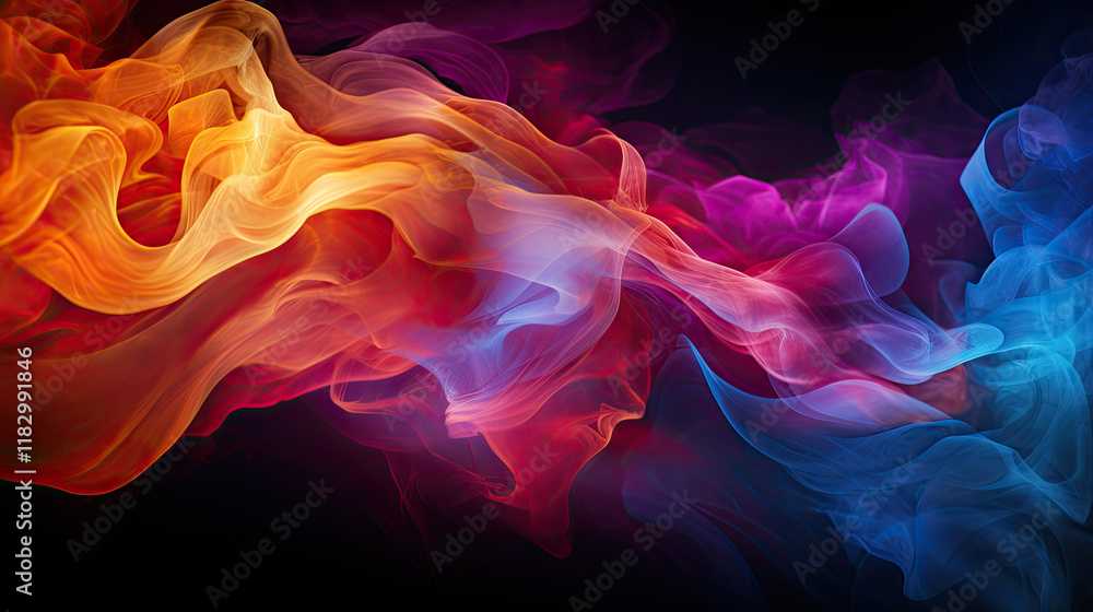 Obraz premium Dynamic Swirl of Vibrant, Colorful Smoke creating an Abstract Artistic Background with Flowing Patterns and Energy on a Dark Canvas, Evoking a Sense of Mystery and Grace