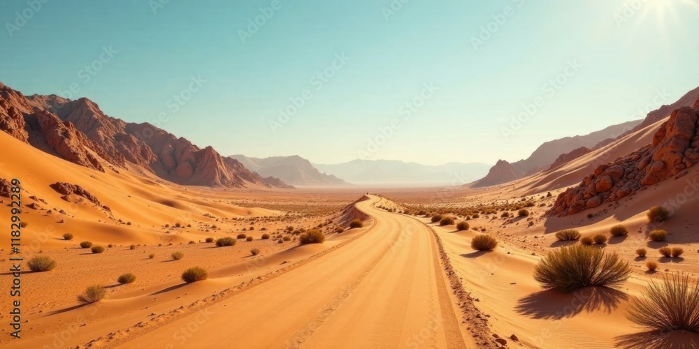 Fototapeta premium A winding desert road leading to distant mountains under a clear sky