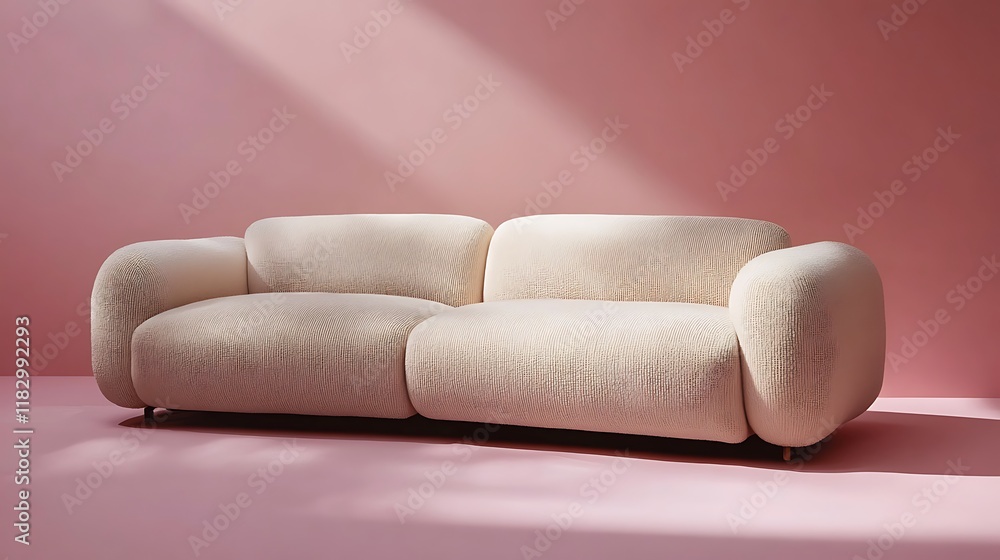 Statement beige sofa in neutral toned space on pink background Statement beige sofa in neutral toned space on pink background
