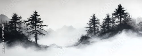 Misty mountain landscape with dark evergreen trees.