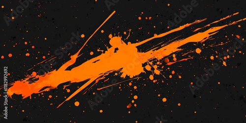 Abstract orange paint splatter on black background.