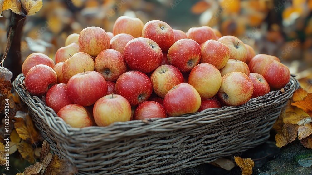 A basket overflowing with fresh, red apples. A basket overflowing with fresh, red apples.