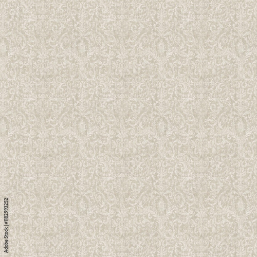 Light gray damask wallpaper with delicate baroque scrolls and distressed texture. Seamless neutral background ideal for modern vintage interiors.